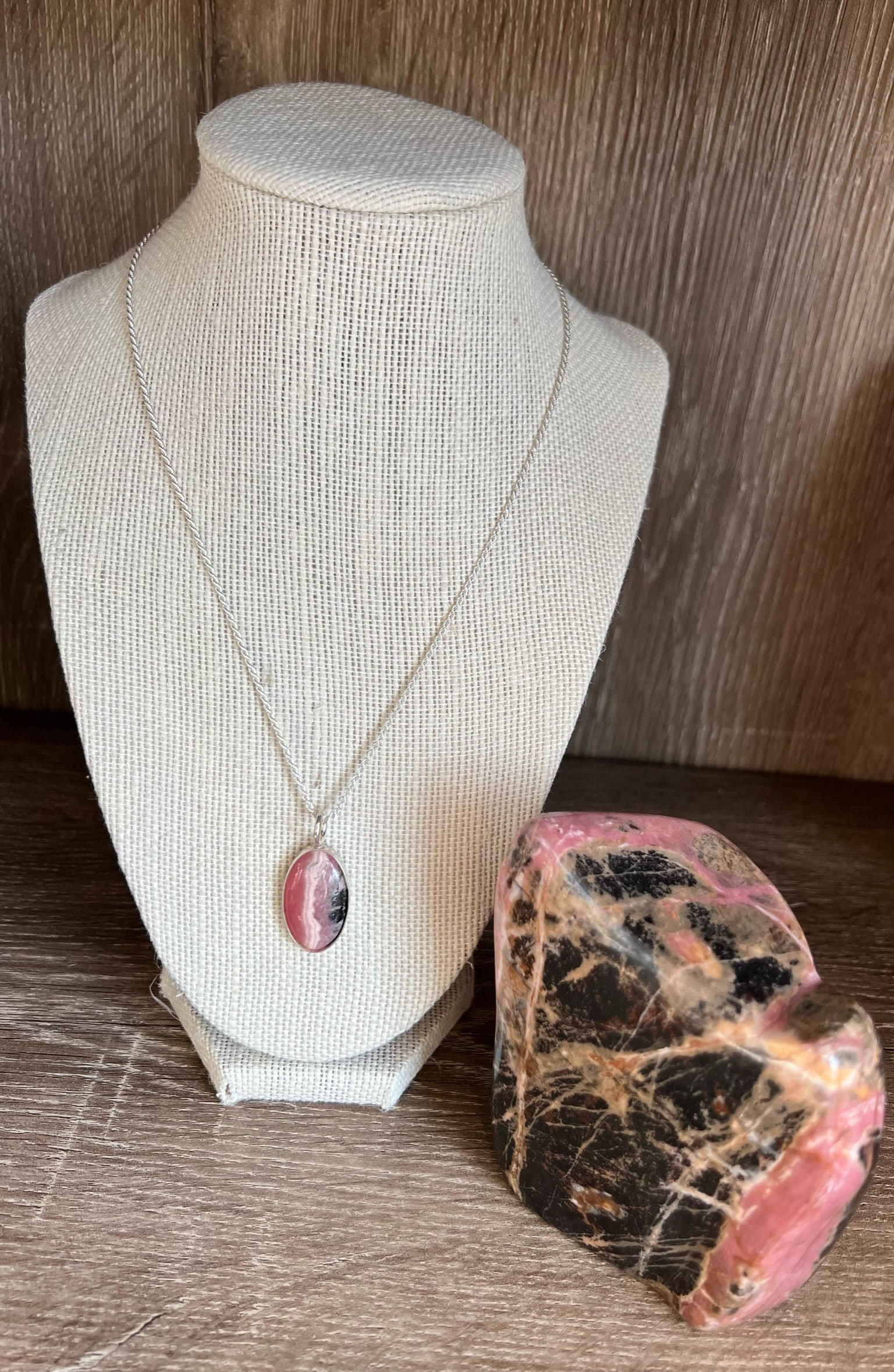 Silver necklace with rhodonite pendant